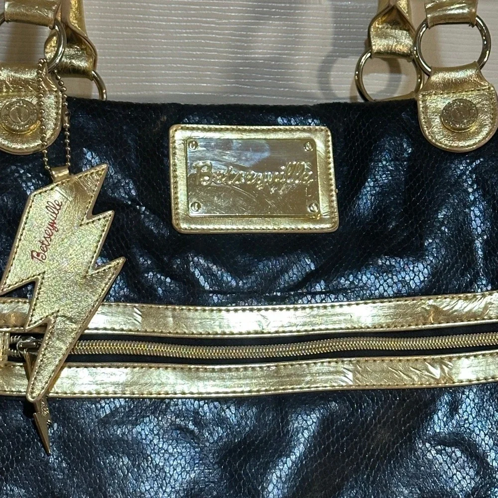 Betseyville Betsey Johnson Black Gold Snake Embossed Lightning Bolt Satchel Bag